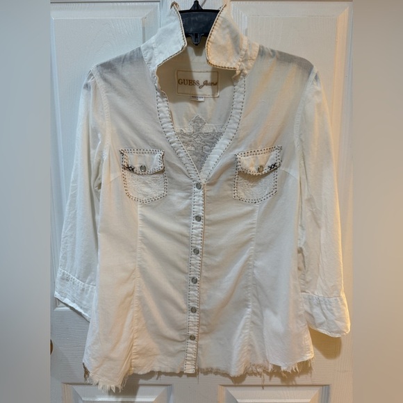Vintage Guess Jeans White Snap Button Up Embroidered Cross Design moto goth - Picture 2 of 14